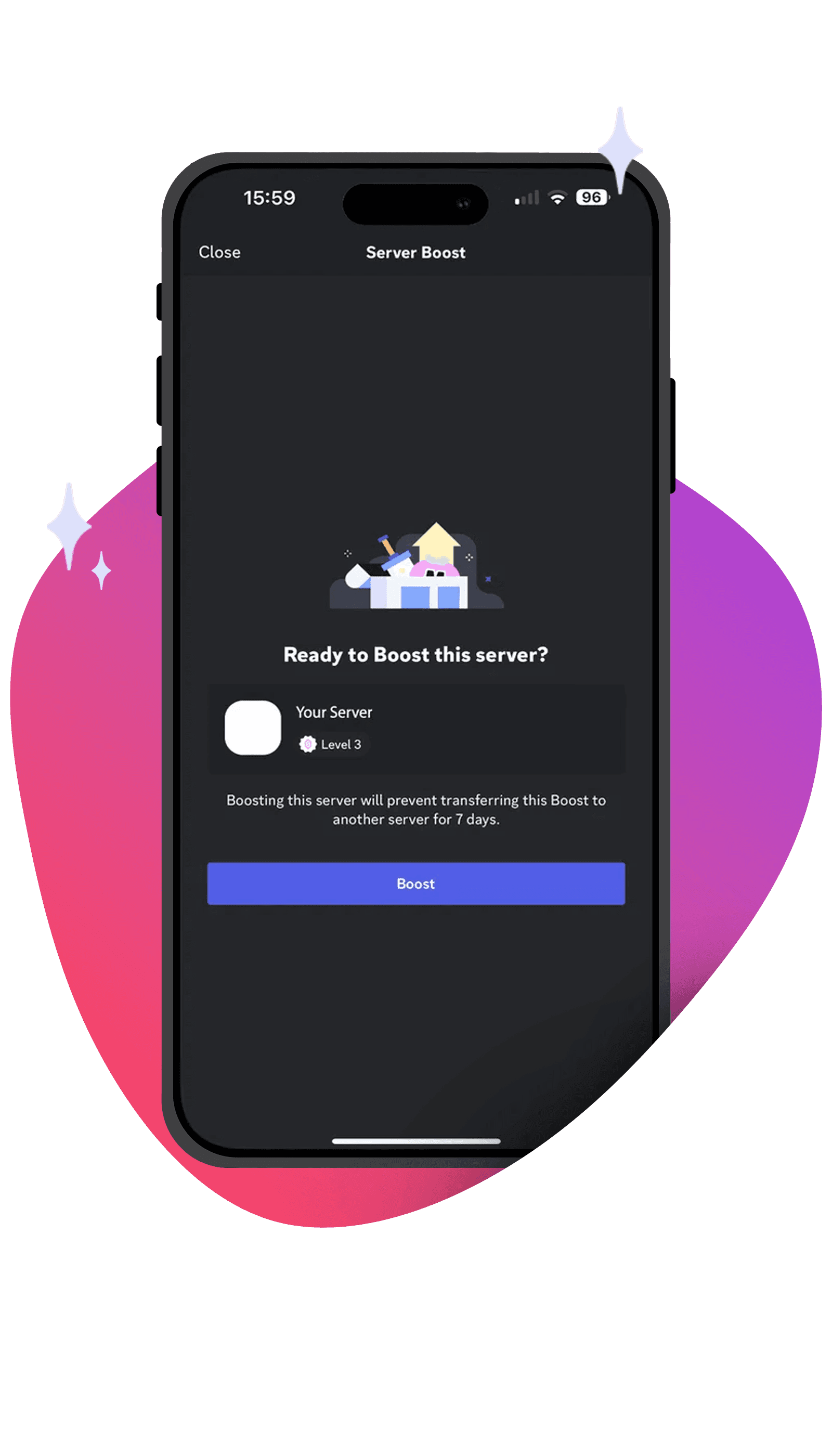 Discord server dashboard showing Level 3 server boosts active with premium features unlocked including HD voice, custom emojis, and server banners